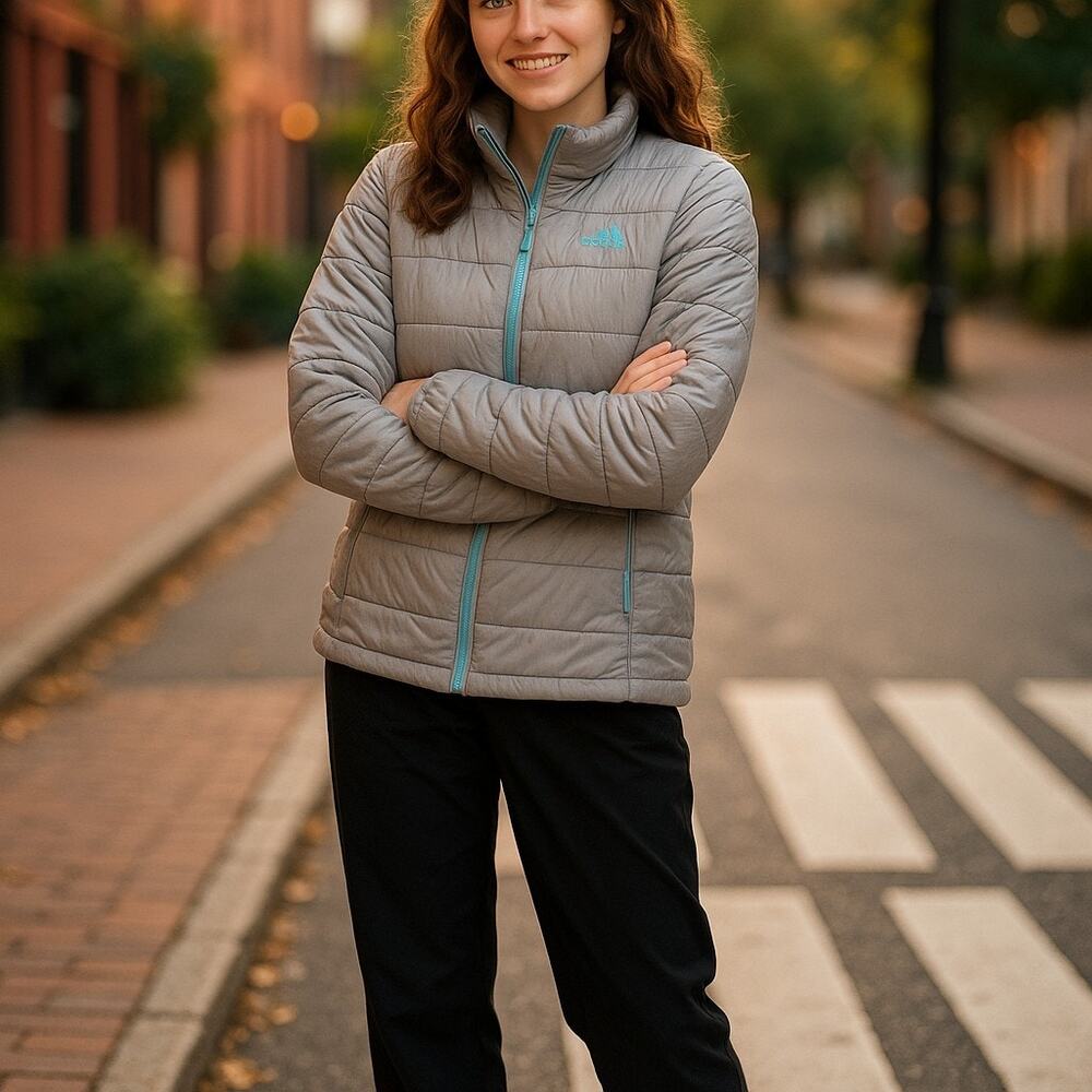 The North‎ Face Girls Coat Jacket L 14 16 Gray Aqua Trim Quilted Andes Puffer